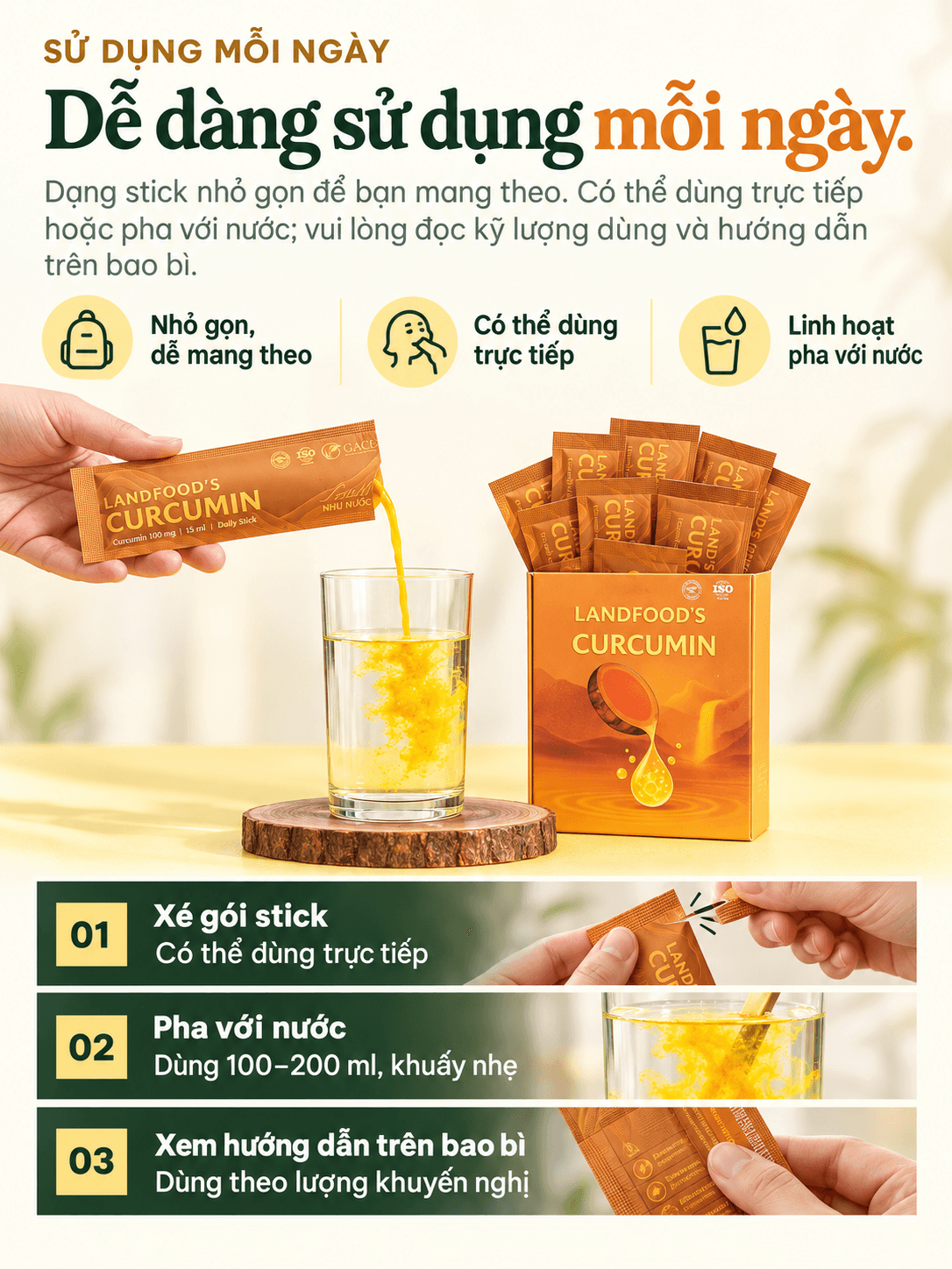 Ảnh LANDFOOD'S Curcumin: gói stick có thể dùng trực tiếp hoặc pha với nước; đọc lượng dùng khuyến nghị trên bao bì.