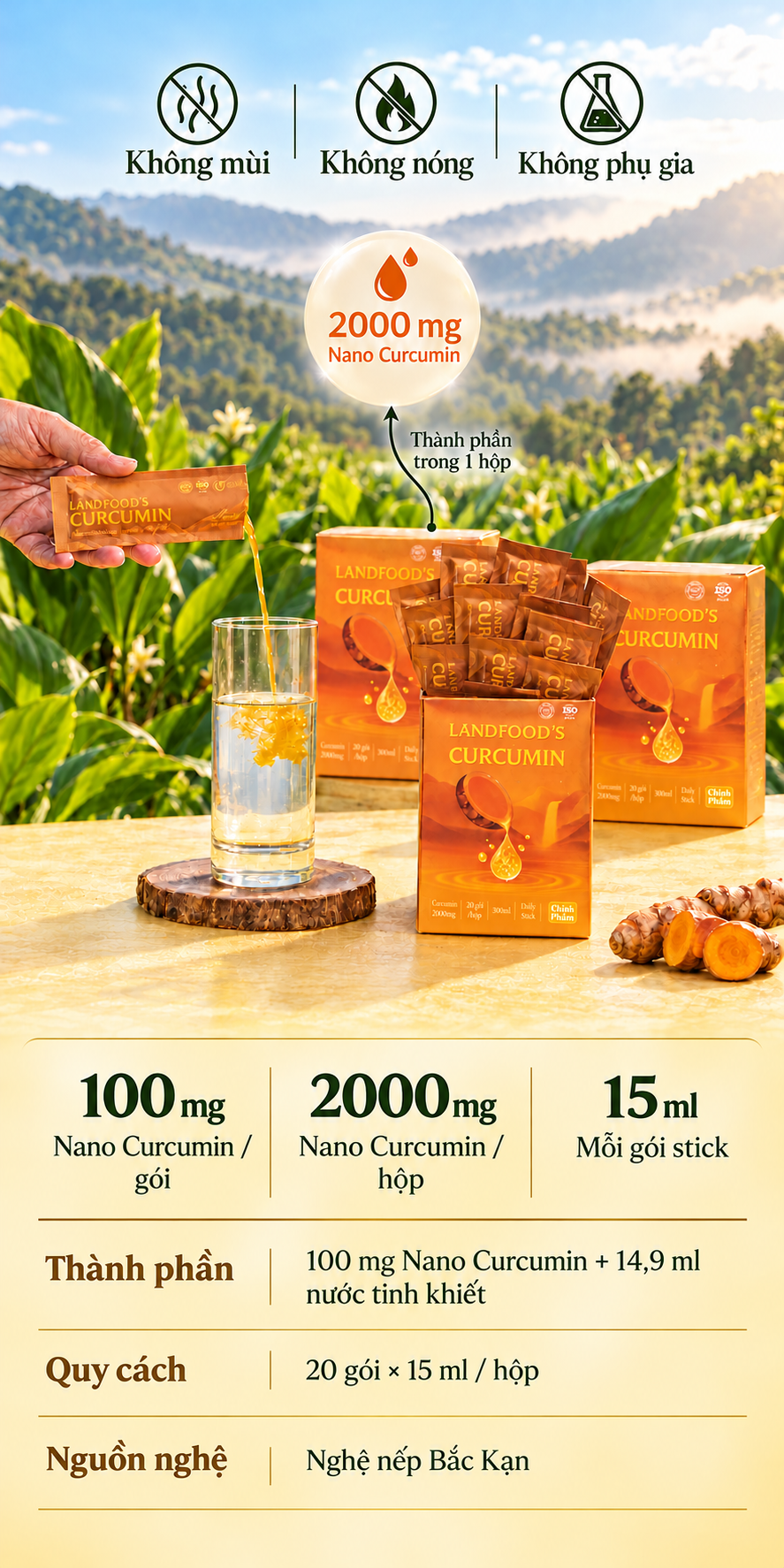Hướng dẫn sử dụng LANDFOOD'S Curcumin: xé gói stick để dùng trực tiếp hoặc pha với 100–200 ml nước, khuấy nhẹ; đọc lượng dùng khuyến nghị trên bao bì.